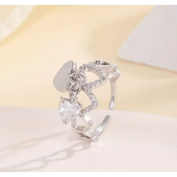 Silver Double Dangle Heart Adjustable Rhinestone Ring - Picture 5 of 6